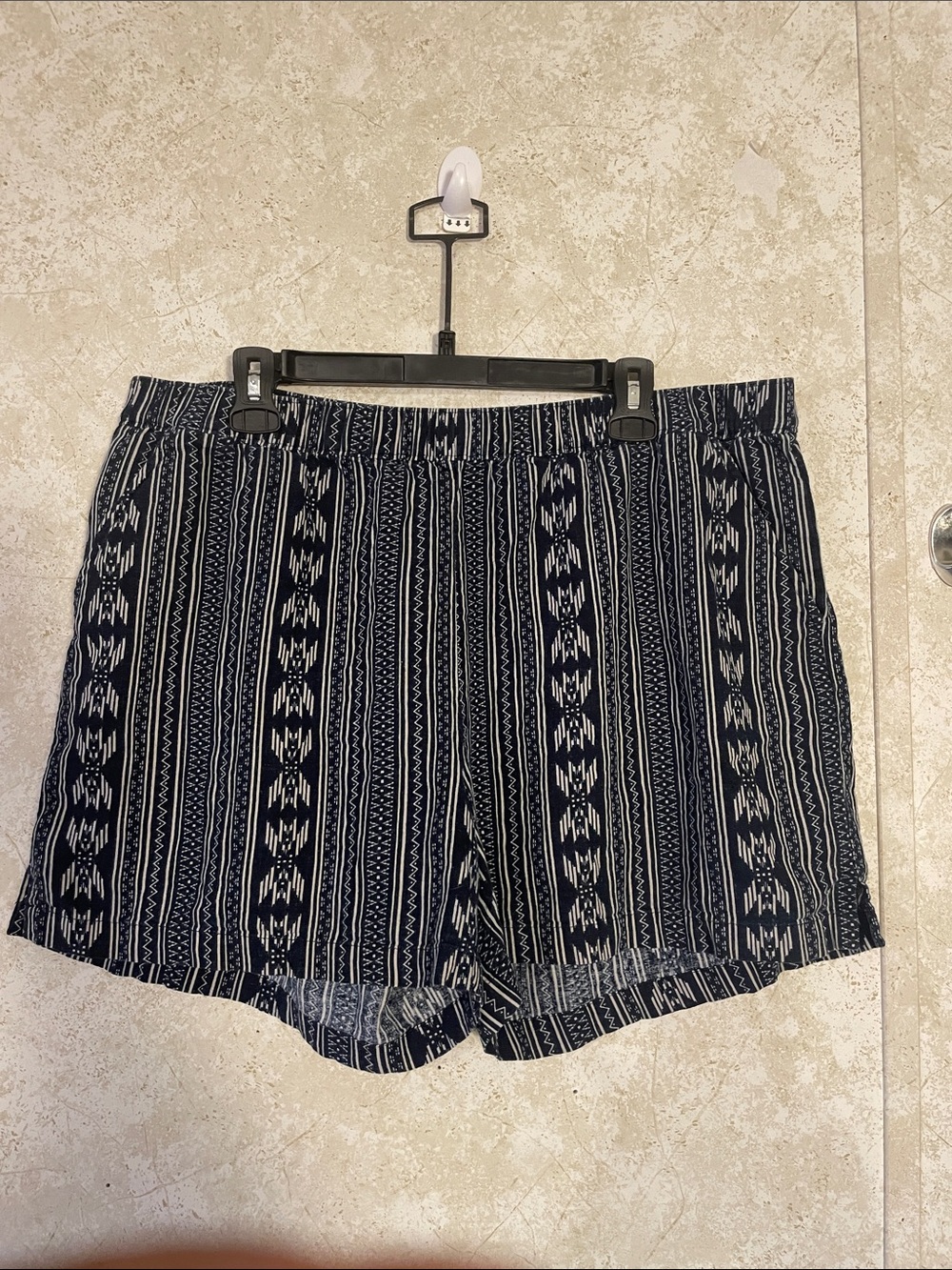 Weatherproof Vintage Washable Linen Navy and White Aztec Striped Pull-On Shorts